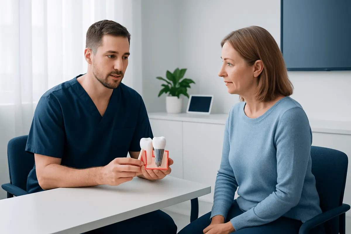 Dentist explaining dental implant options to a patient in a consultation room.