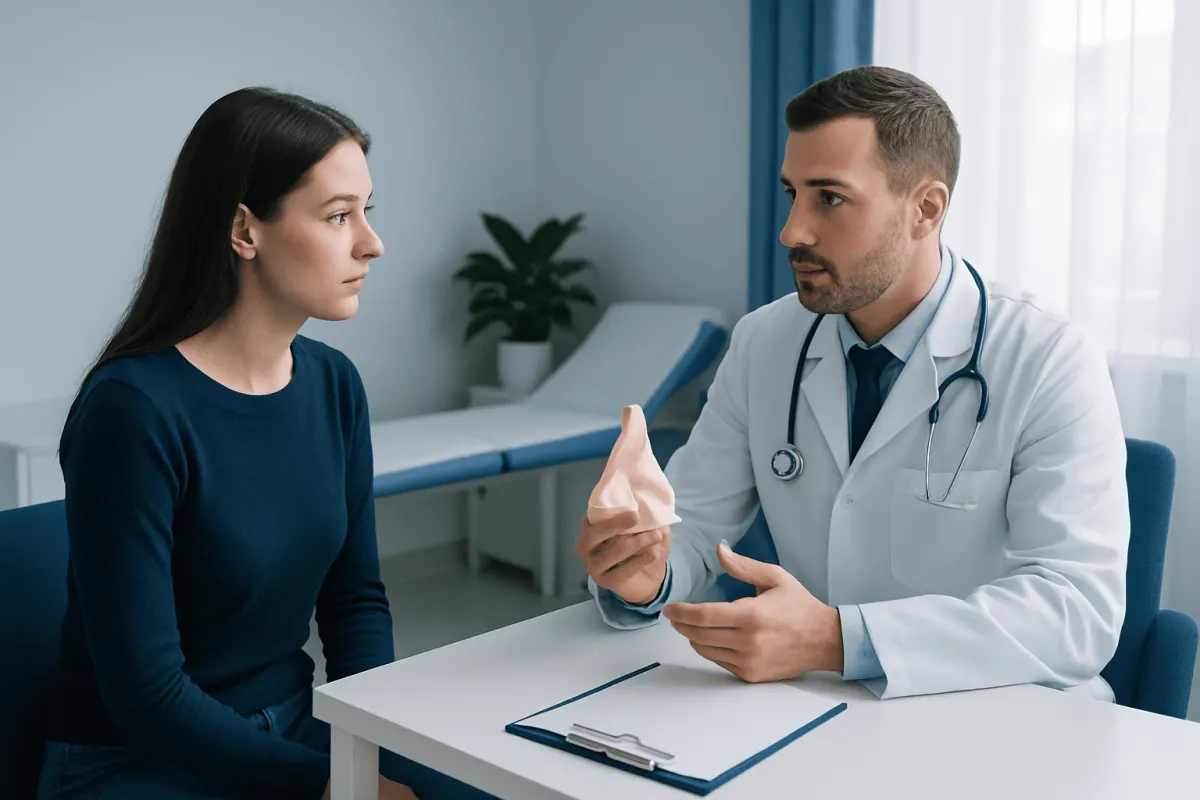Doctor explaining rhinoplasty options to a patient in consultation room.