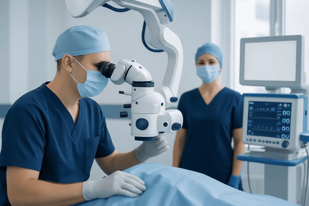 Surgeons performing neurosurgery with advanced equipment at Acibadem Hospital.