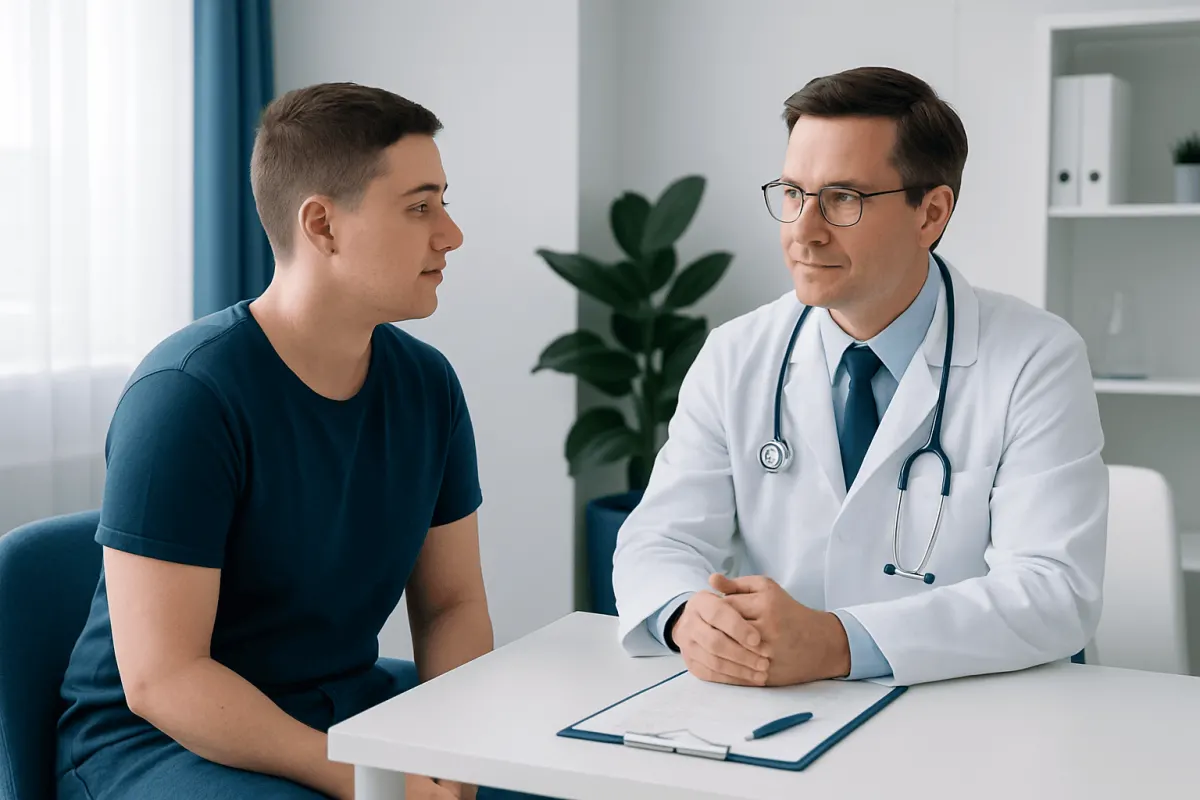 Doctor consulting with a young male patient in a medical office setting.