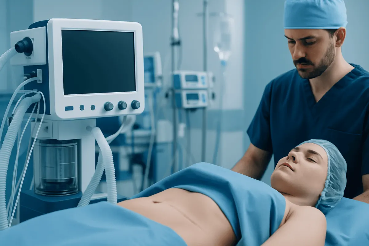 Surgeon preparing patient for tummy tuck surgery in a modern hospital.