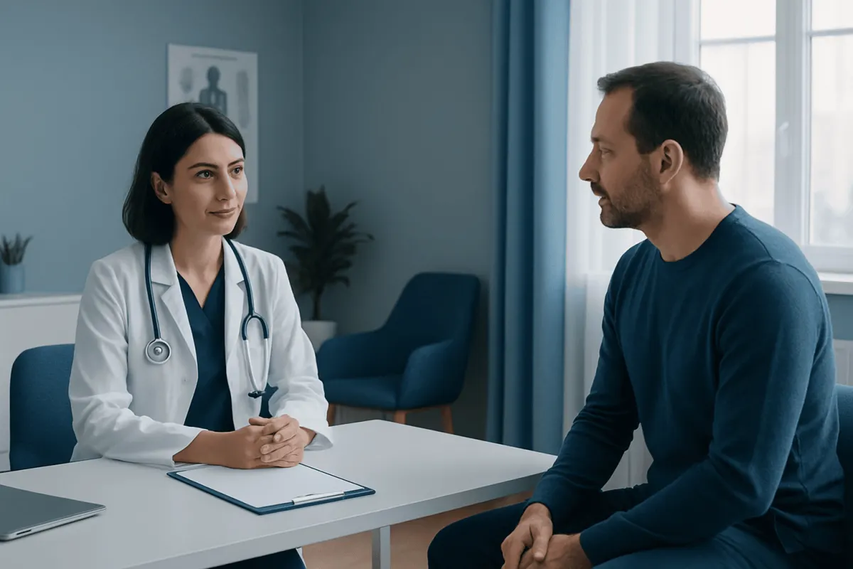 Doctor consulting with male patient in a medical office at Acibadem Hospitals Group.
