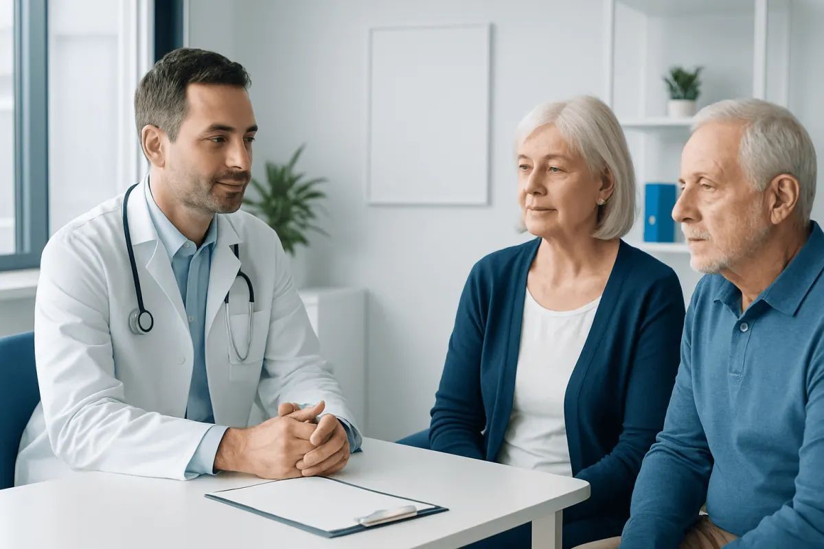 Doctor consulting elderly couple in a modern medical office.