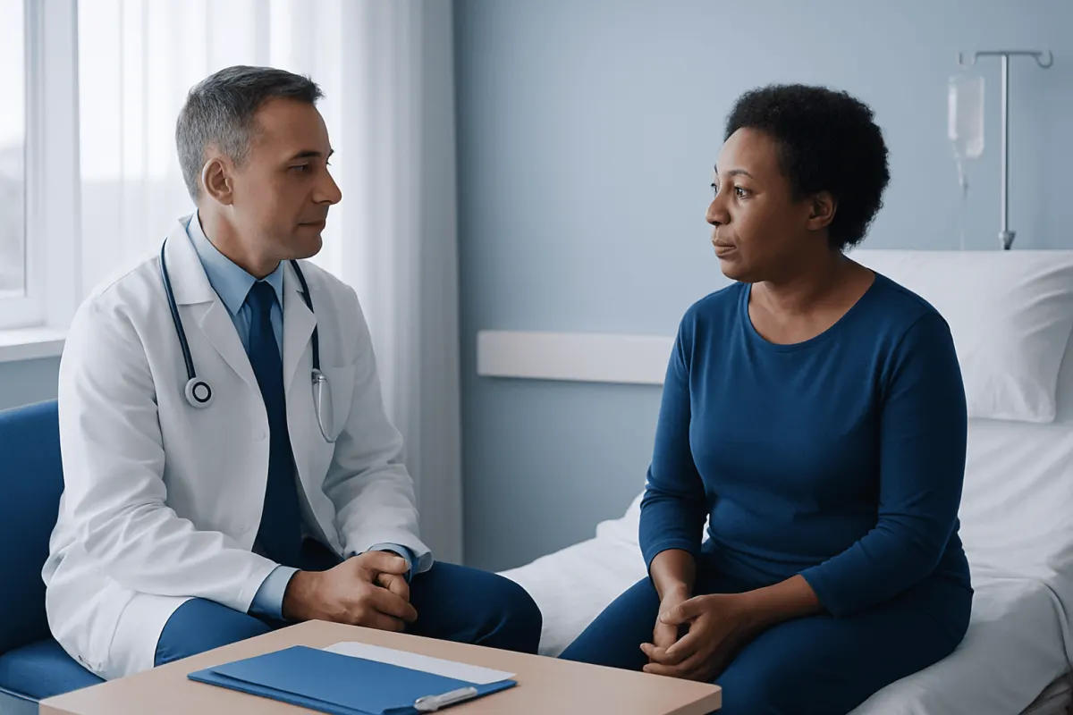 Doctor consulting with a patient in a hospital room.