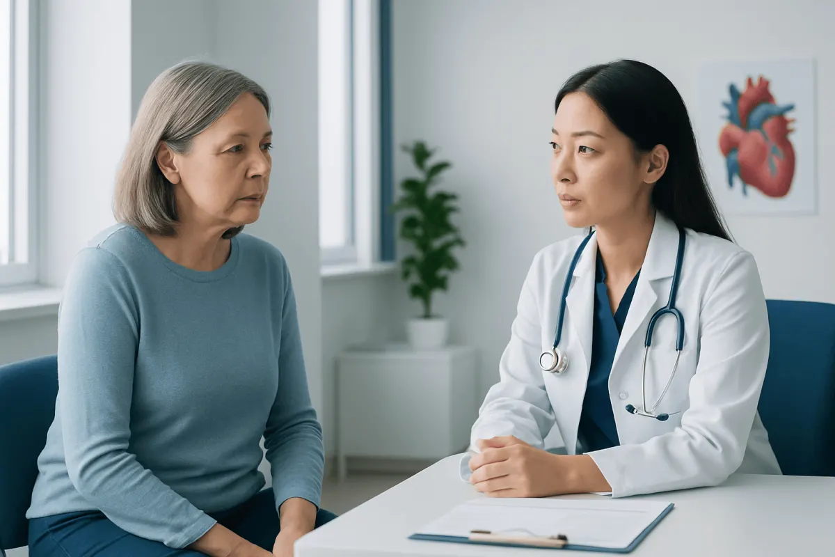 Doctor consulting with an older female patient in a medical office.