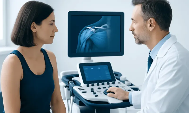 Doctor explaining shoulder MRI results to a patient in a clinical setting.