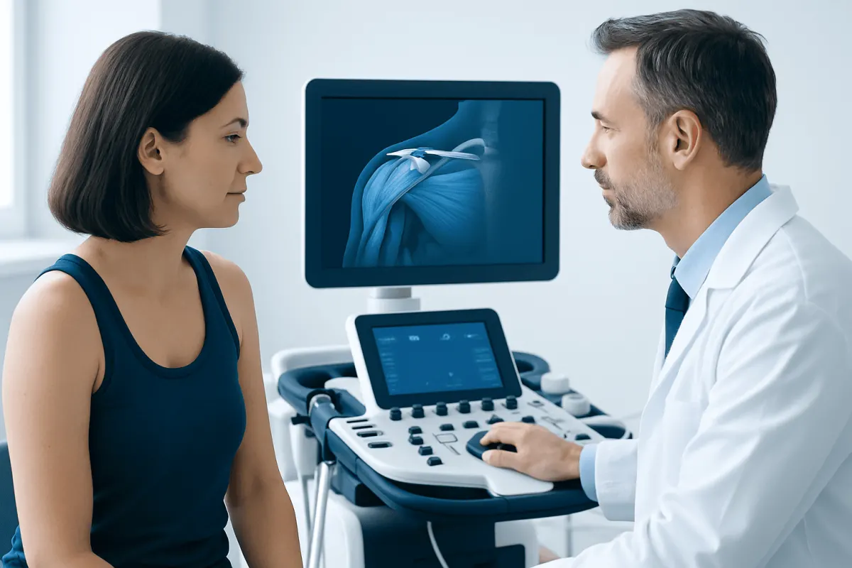 Doctor explaining shoulder MRI results to a patient in a clinical setting.