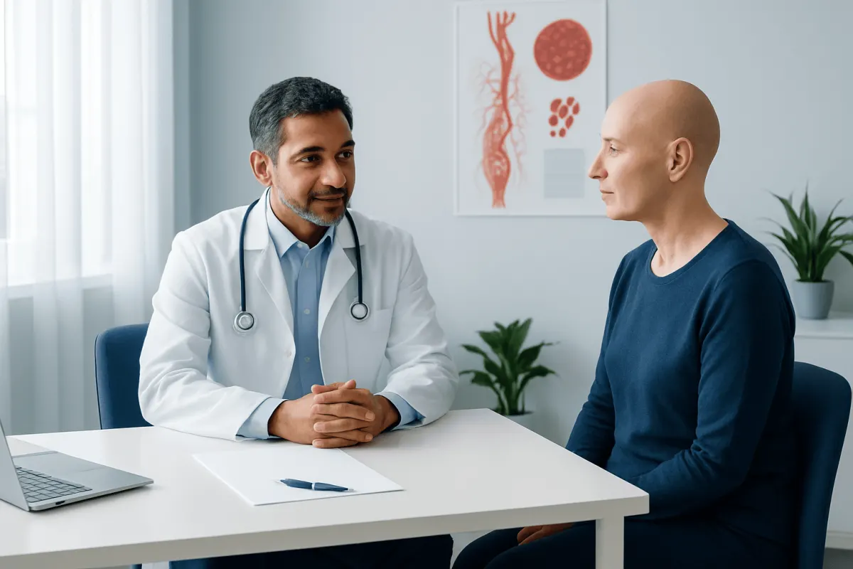 Doctor consulting with a patient in a medical office about blood cancer treatment.