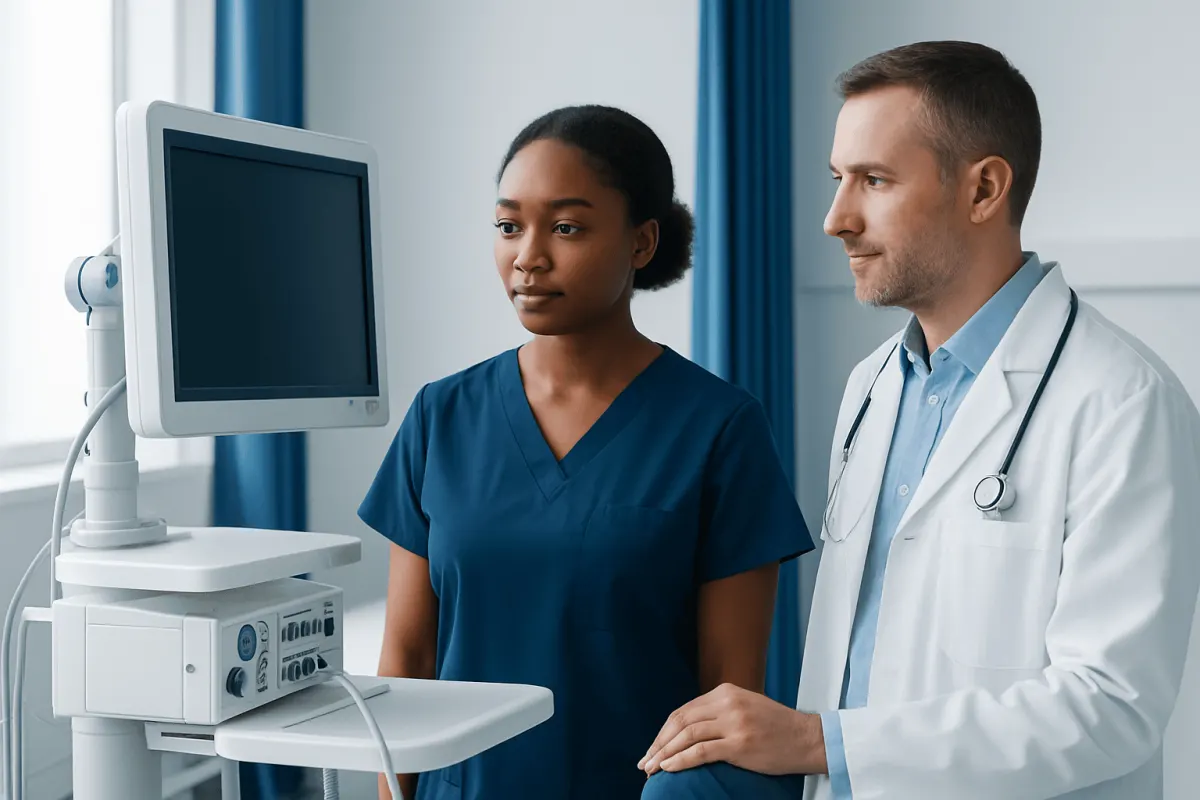Doctor and nurse reviewing patient data on medical monitor at Acibadem Hospital.