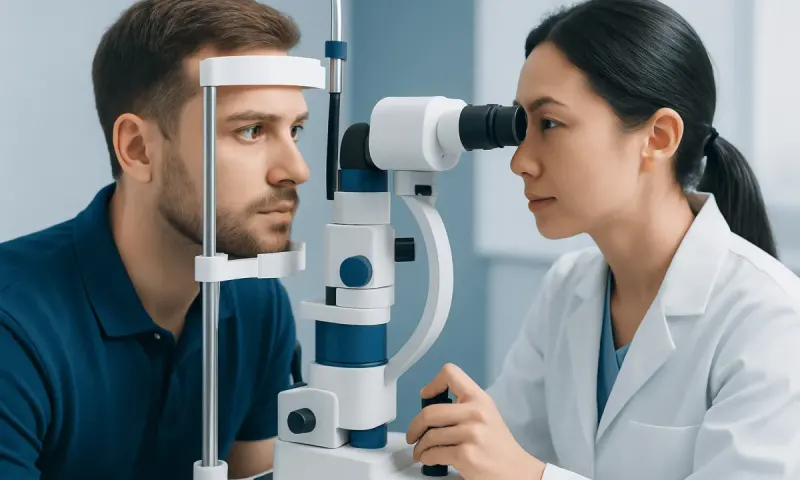 Optometrist examines patient's eye with slit lamp in clinic setting.