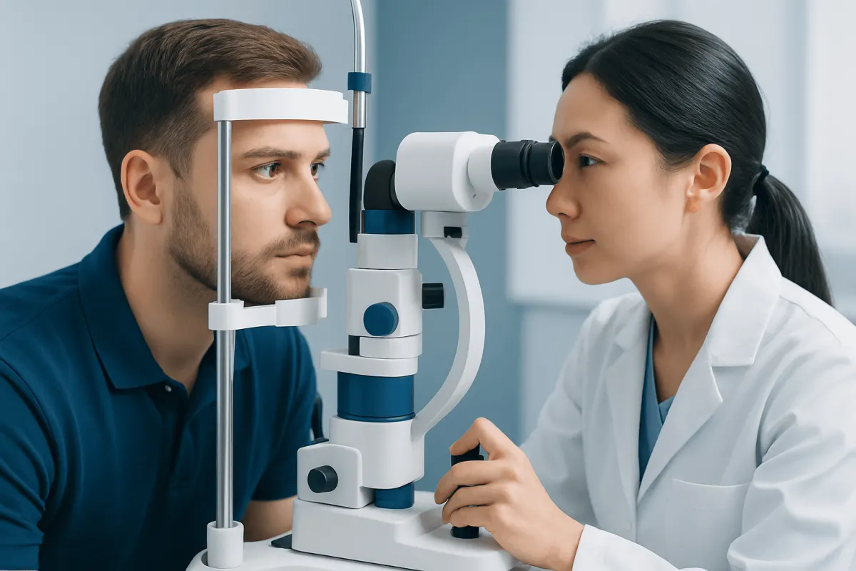 Optometrist examines patient's eye with slit lamp in clinic setting.