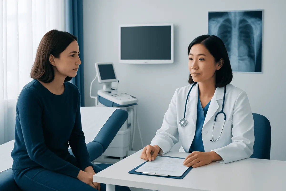 Doctor consulting with patient in a medical examination room.