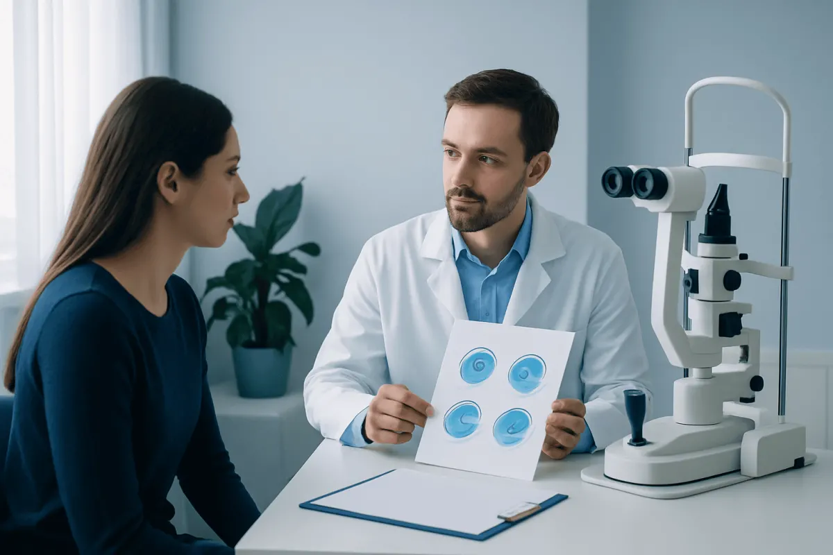 Ophthalmologist explaining eye diagrams to a patient in a clinic setting.