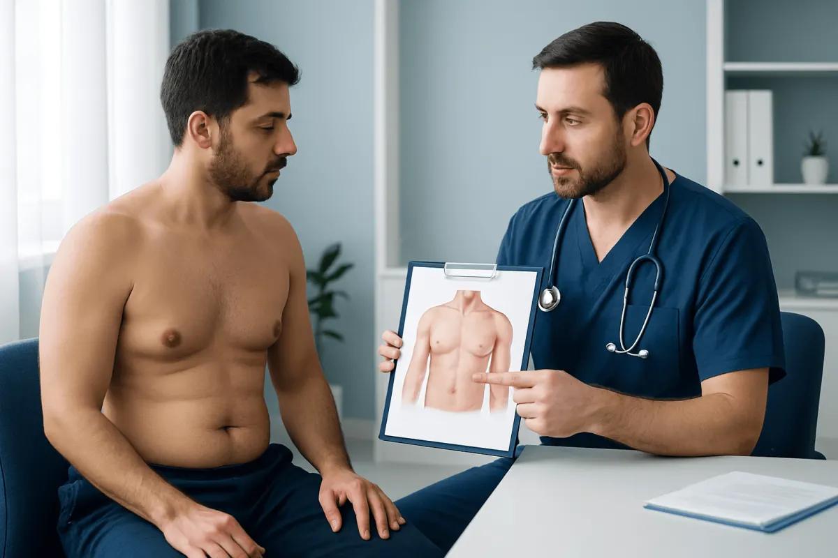 Doctor explaining man boobs surgery options to patient with chest diagram.