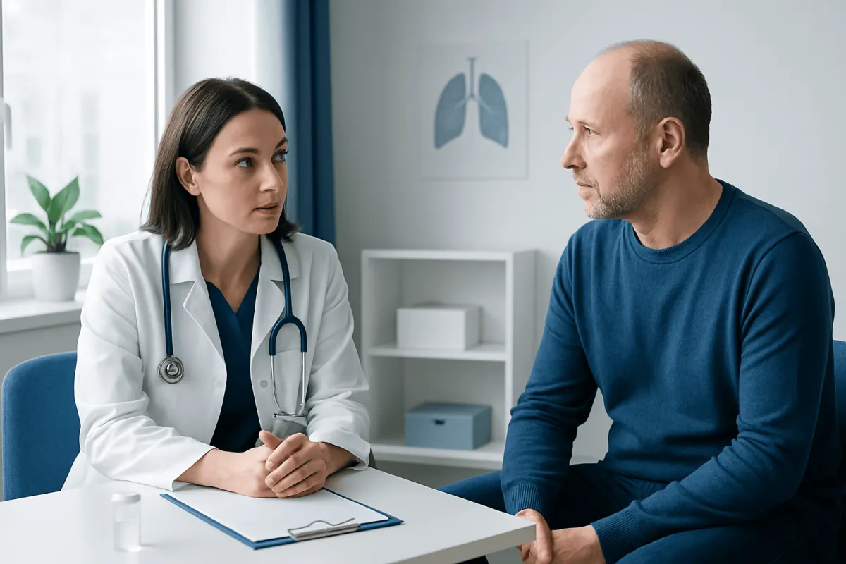 Doctor consulting with a male patient in a medical office setting.