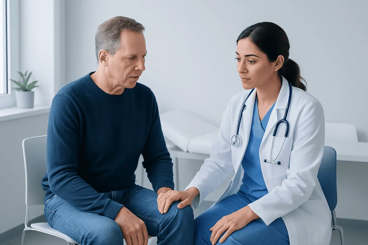 Doctor consulting with a patient about leg pain in a clinical setting.