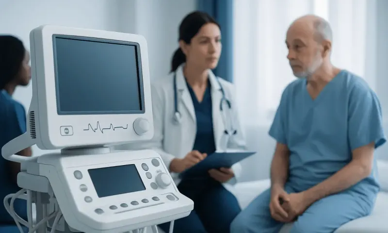 Doctor consulting with elderly patient in hospital room with medical equipment.