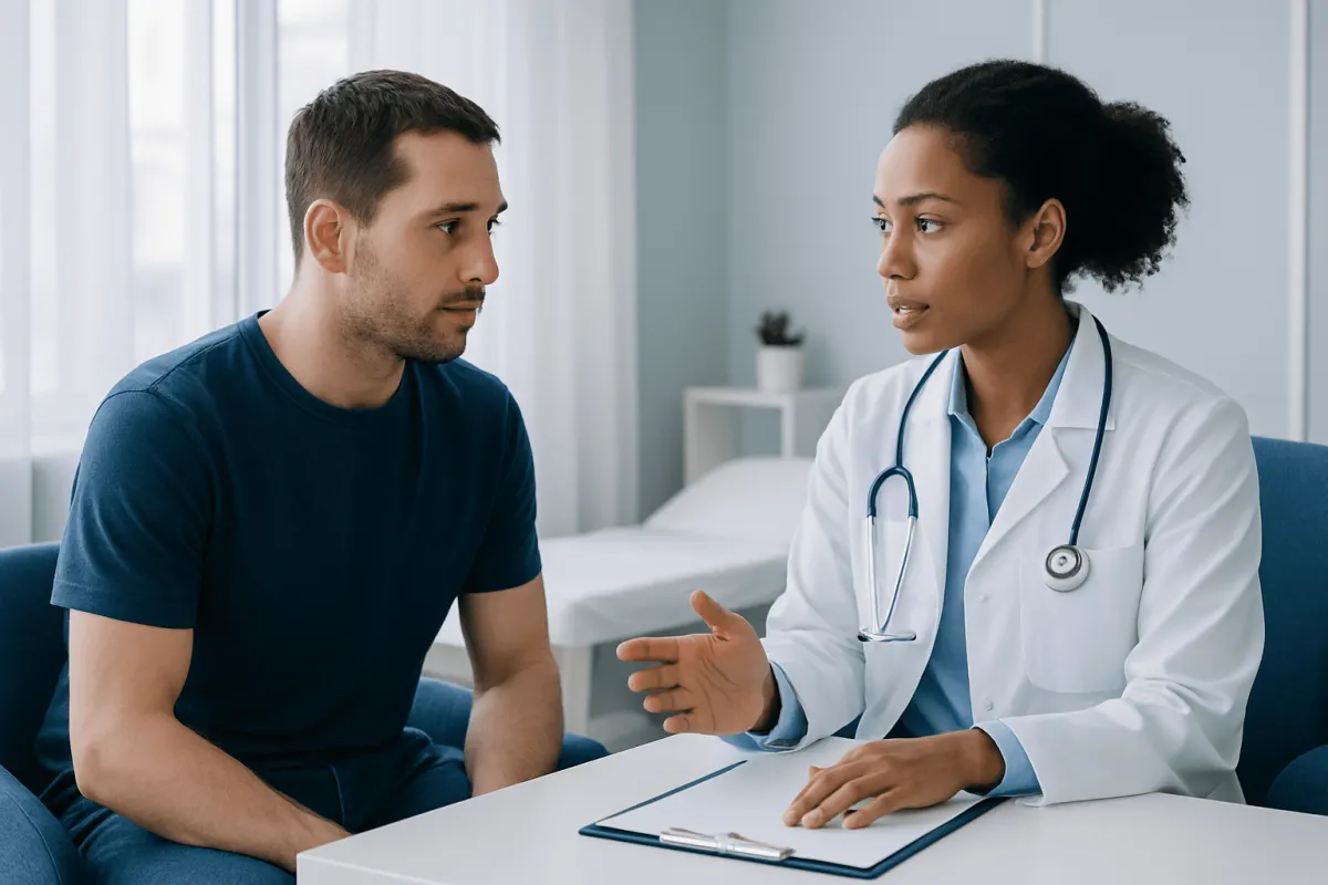 Doctor consulting with a male patient in a medical office setting.
