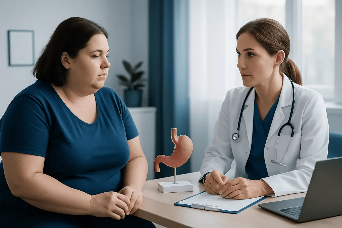 Doctor consulting with patient about gastric health and weight management.