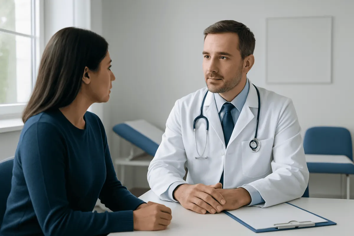 Doctor consulting female patient in a medical office setting.