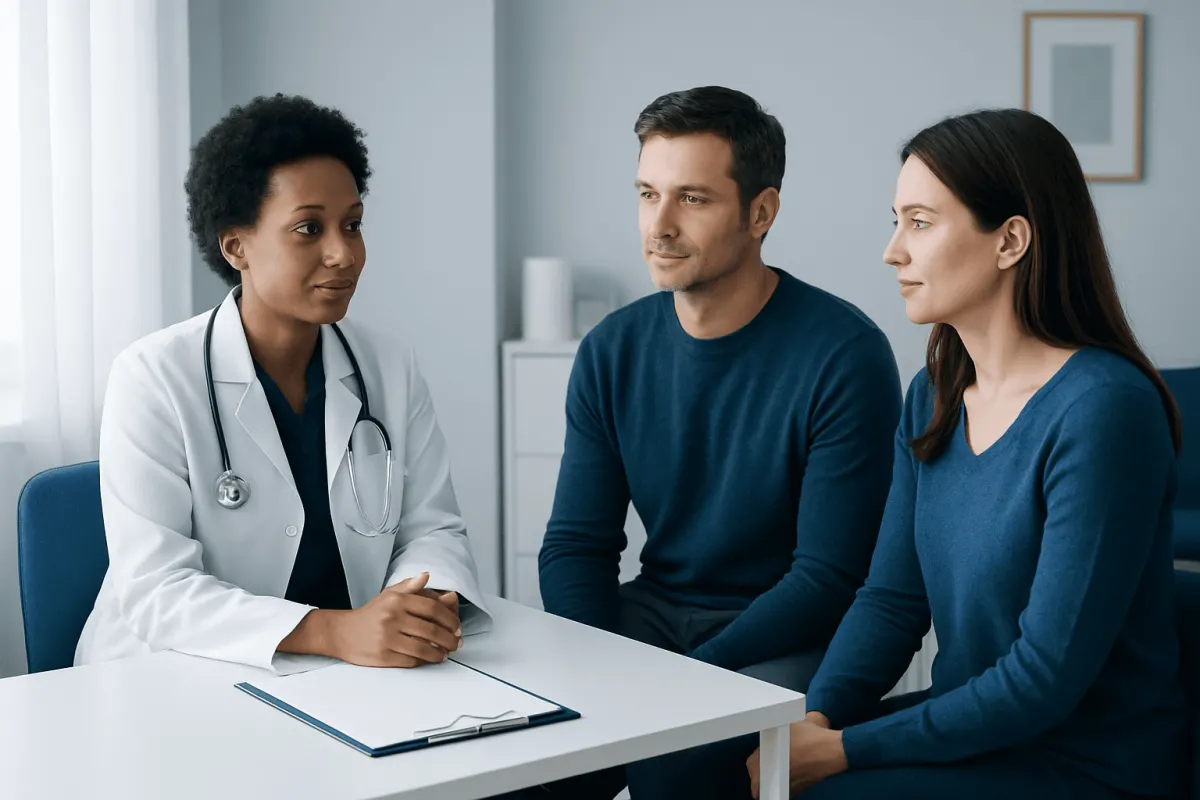Doctor consulting with a couple about fertility and IVF preparation.