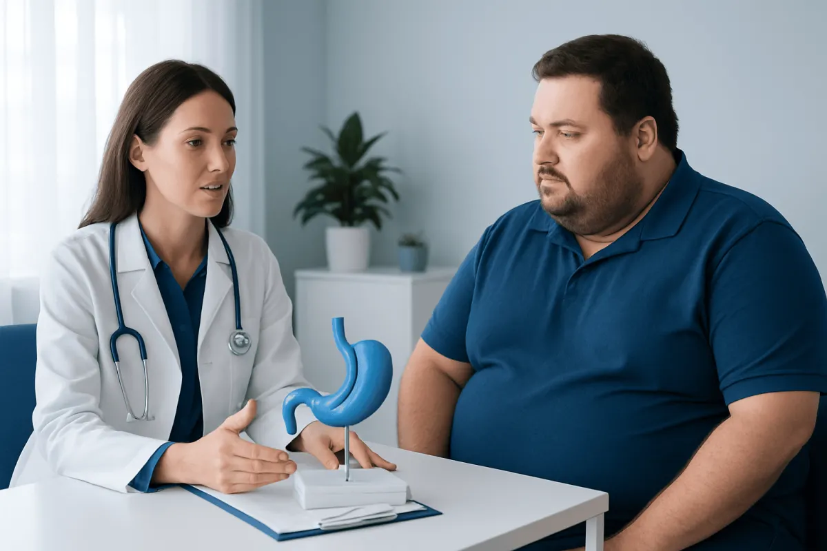 Doctor explaining gastric sleeve surgery to a patient with a stomach model.