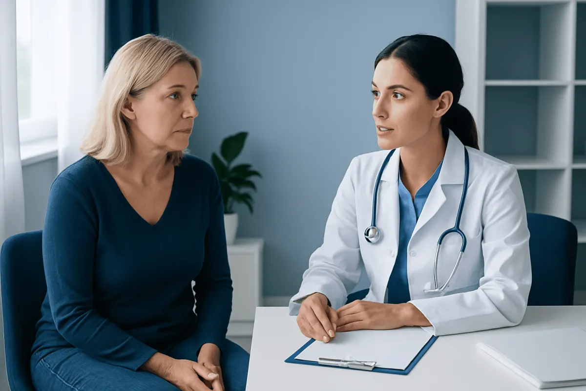Doctor consulting with a patient about breast reconstruction options.