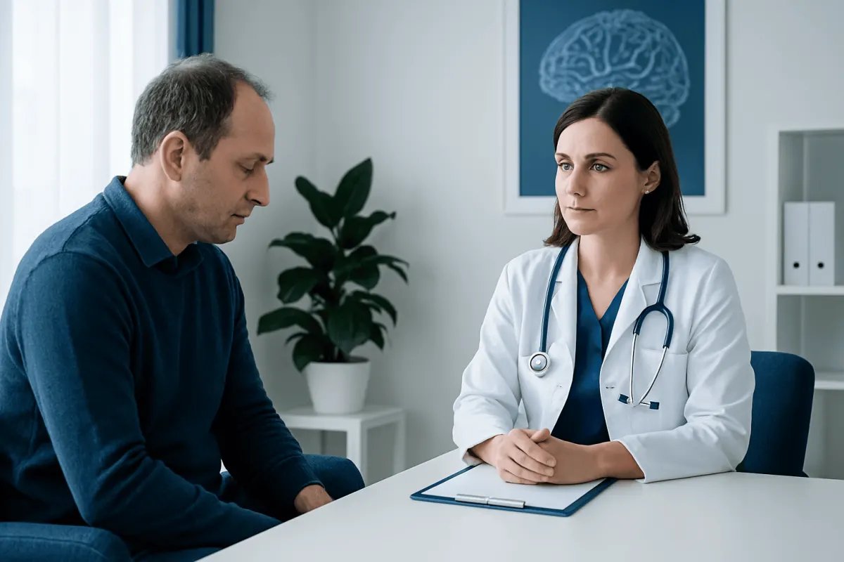 Doctor consulting with patient about neuropsychiatric diagnosis at Acibadem Hospital.