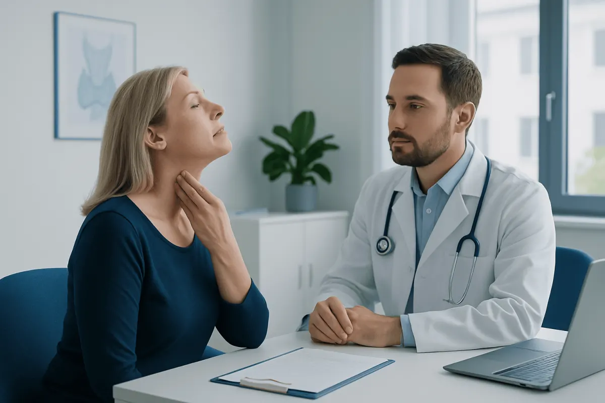 Doctor examining a woman with a thyroid concern in a medical consultation room.