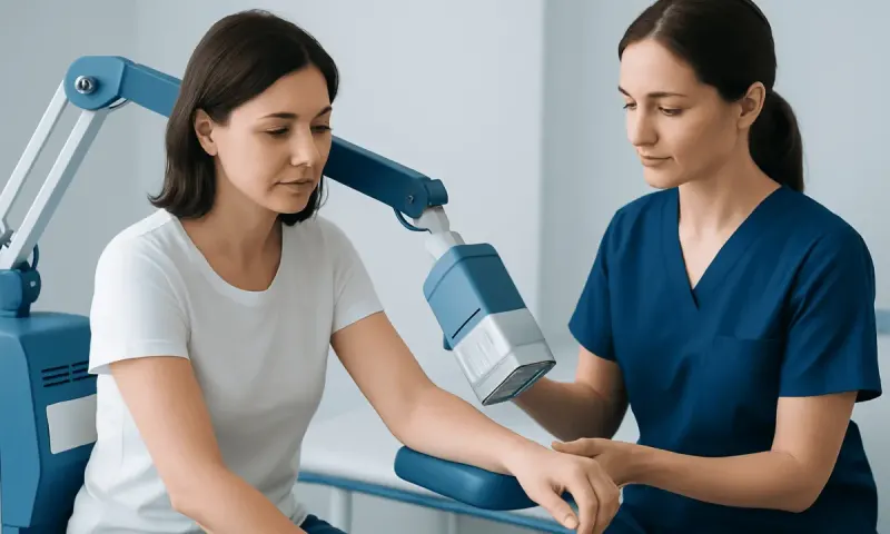 Dermatologist examining patient's skin with specialized equipment at Acibadem Hospital.