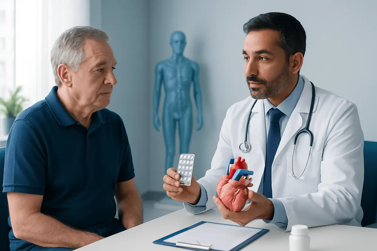 Doctor explaining heart health to an elderly patient in a medical office.