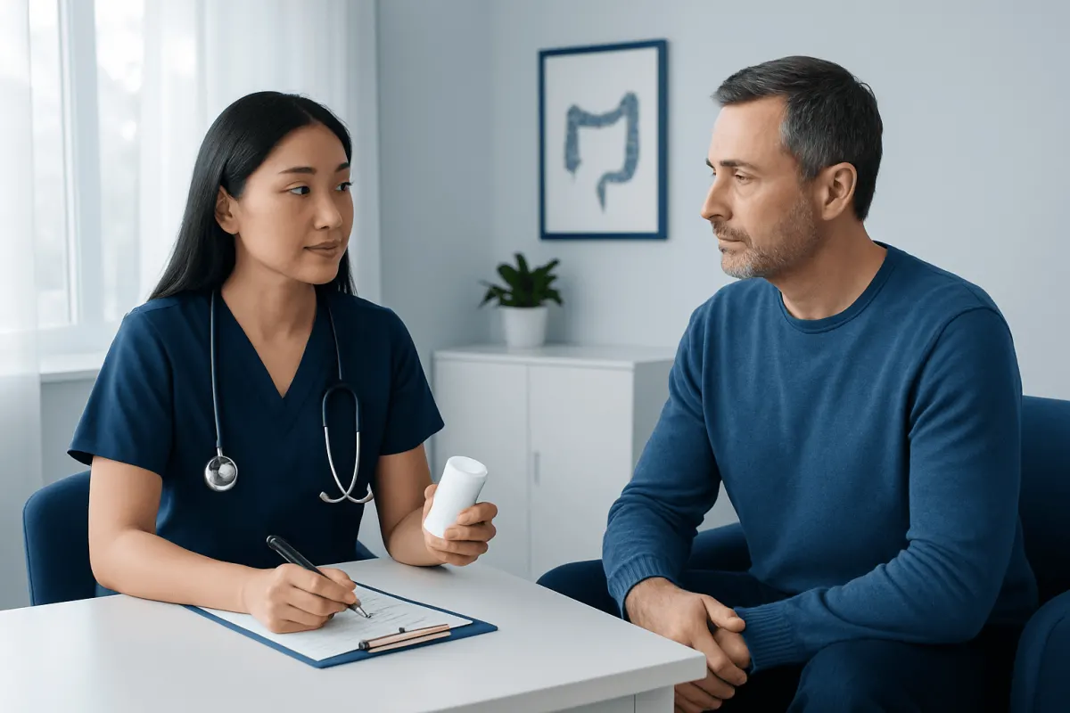 Doctor explaining endoscopy prep to patient in clinic.
