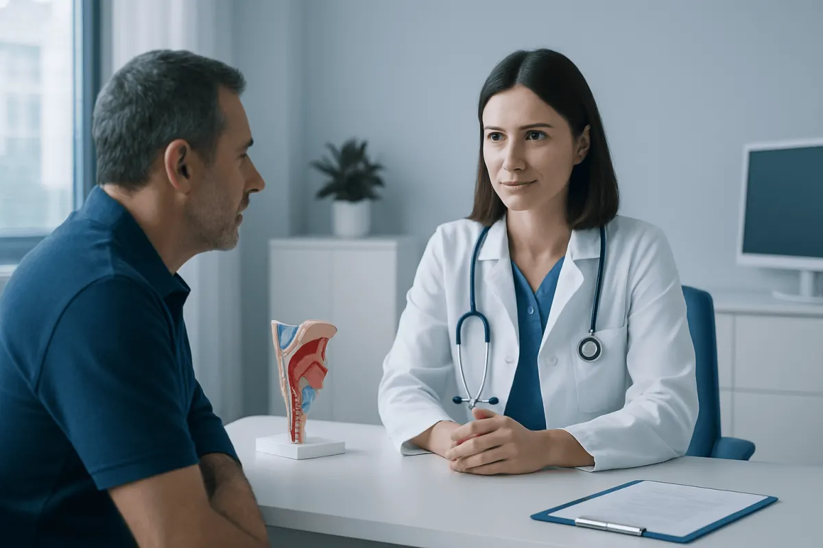 Doctor consulting with patient about tongue cancer diagnosis and treatment options.
