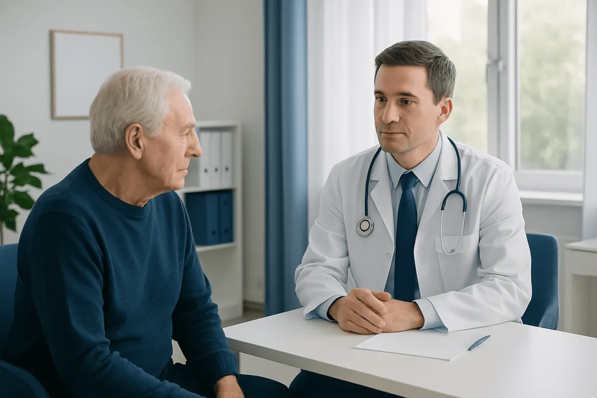 Doctor consulting with elderly patient in a medical office setting.