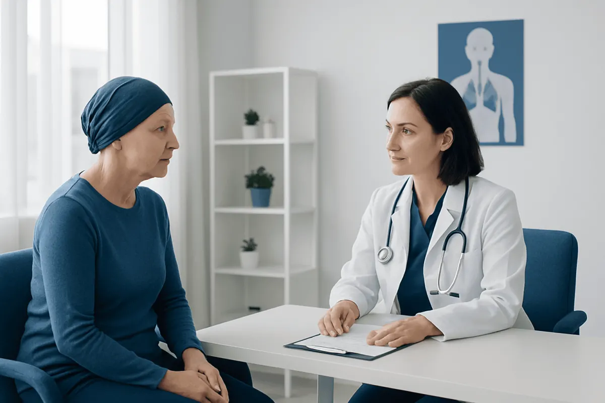 Oncologist consulting with a female patient in a medical office.