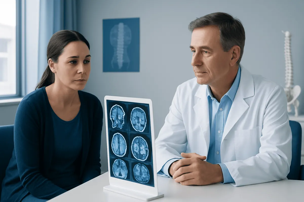 Doctor explaining brain scan results to a patient in a medical office.
