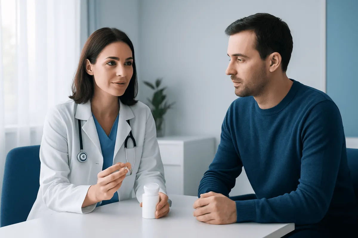 Doctor explaining vitamin B12 supplement to patient in consultation.