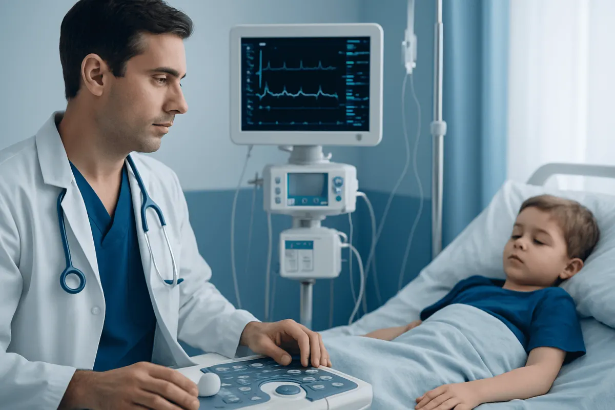 Pediatric doctor performing an ultrasound on a young patient in hospital.
