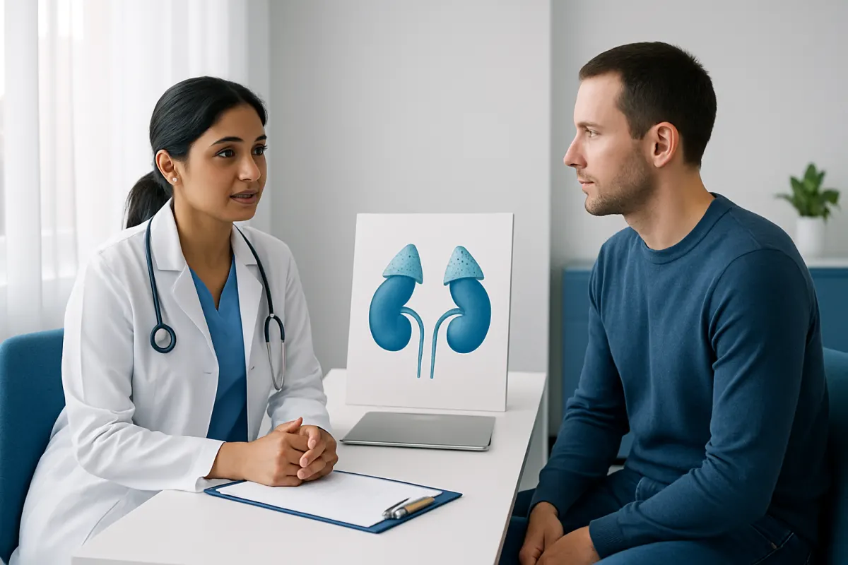 Doctor explaining kidney health to patient in clinic setting.