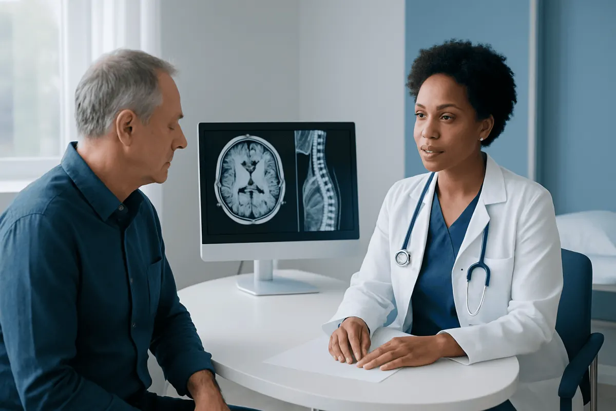 Doctor explaining MRI scan results to a patient in a hospital setting.