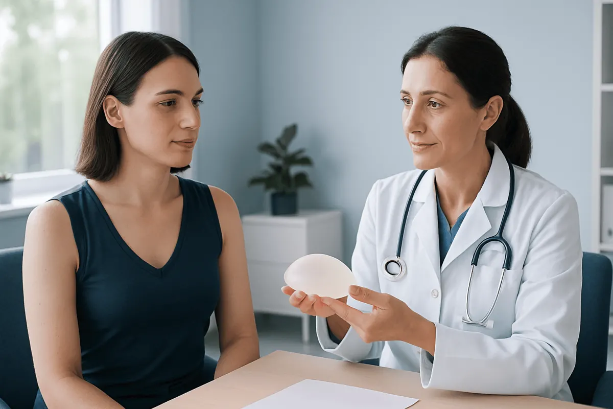 Doctor explaining breast augmentation options to a patient in a clinic.