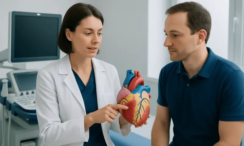 Medical professional explaining heart anatomy to patient with heart model.
