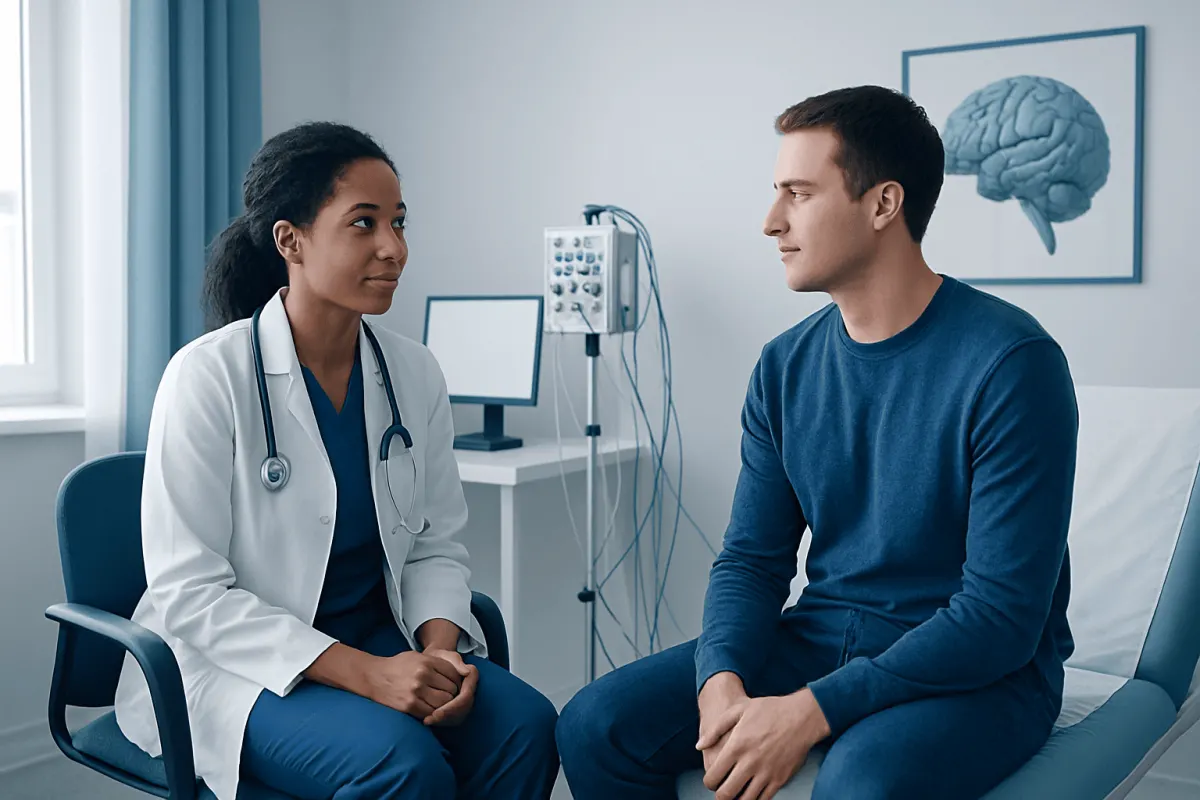 Doctor and patient discussing neurophysiology testing in a clinical setting.