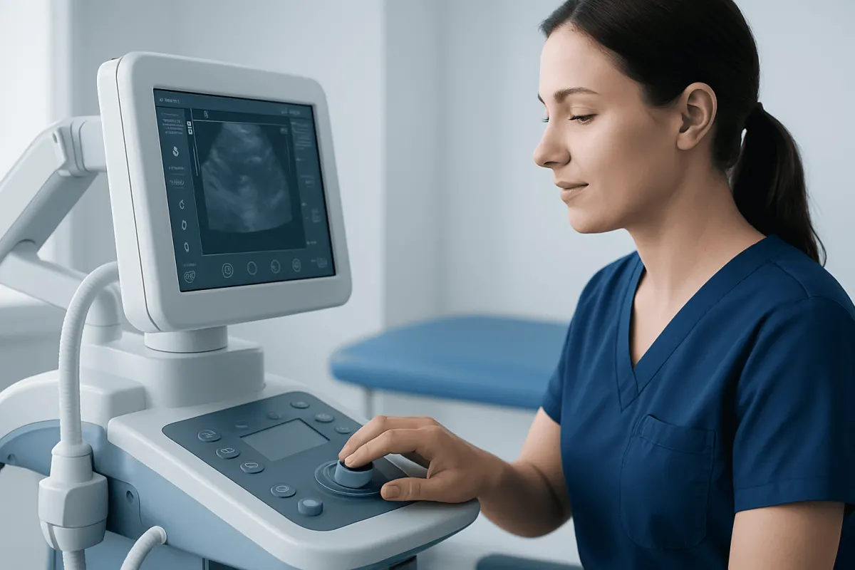 Medical professional performing an ultrasound scan at a hospital.