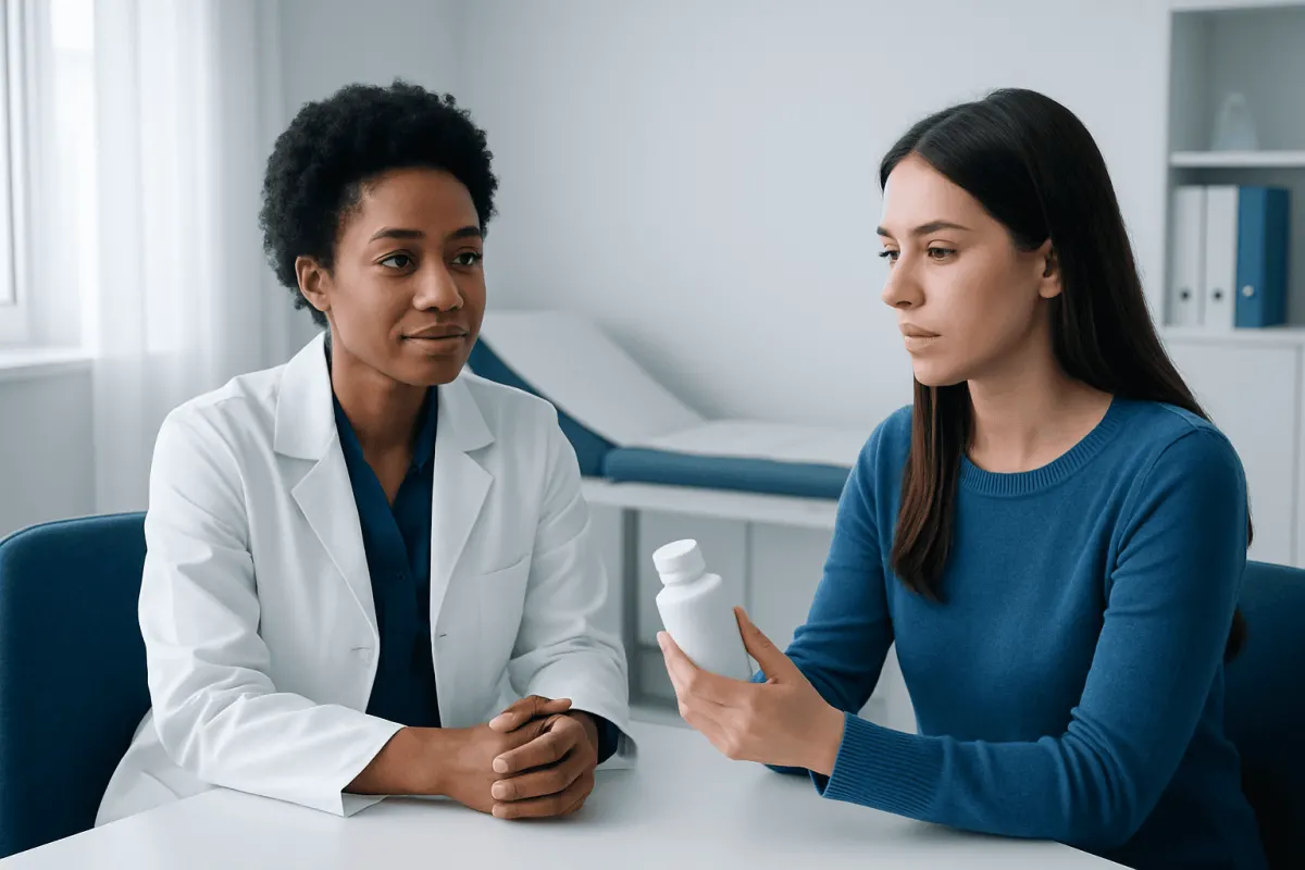 Doctor explaining skincare supplement to patient in clinic setting.
