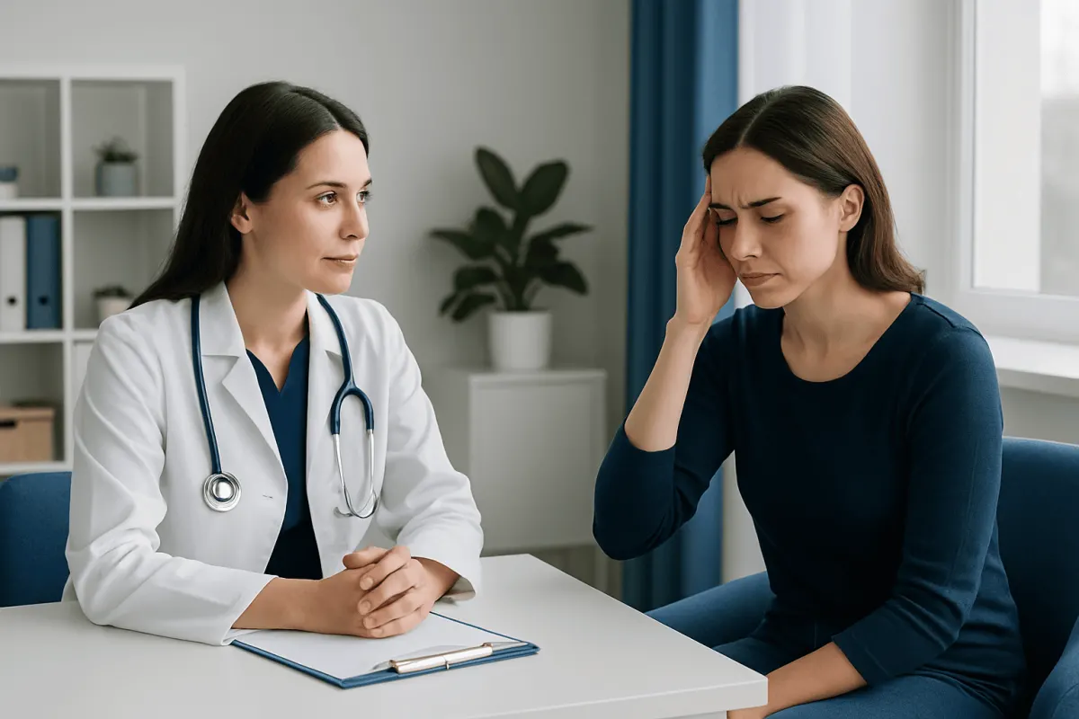 Doctor consulting with a woman experiencing headache in a clinic setting.