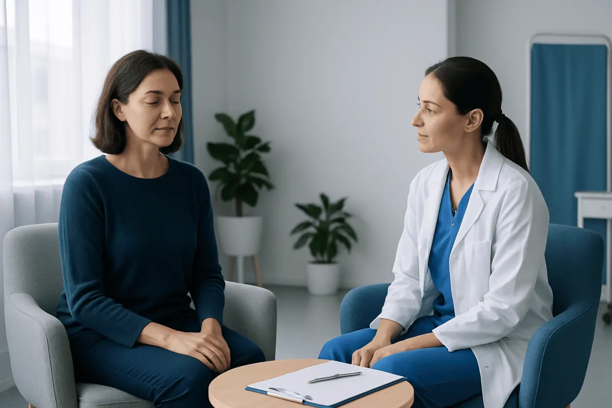 Doctor counseling a patient in a medical consultation room.