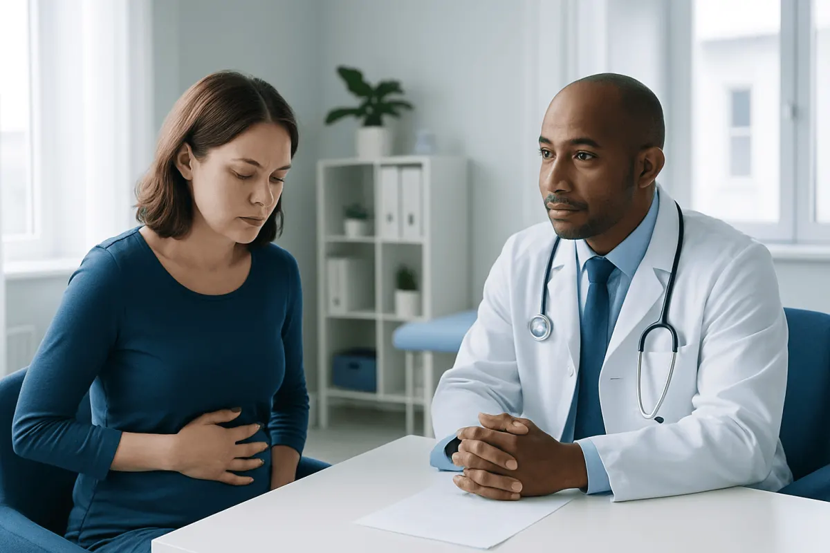 Doctor consulting with a woman patient in a medical office.