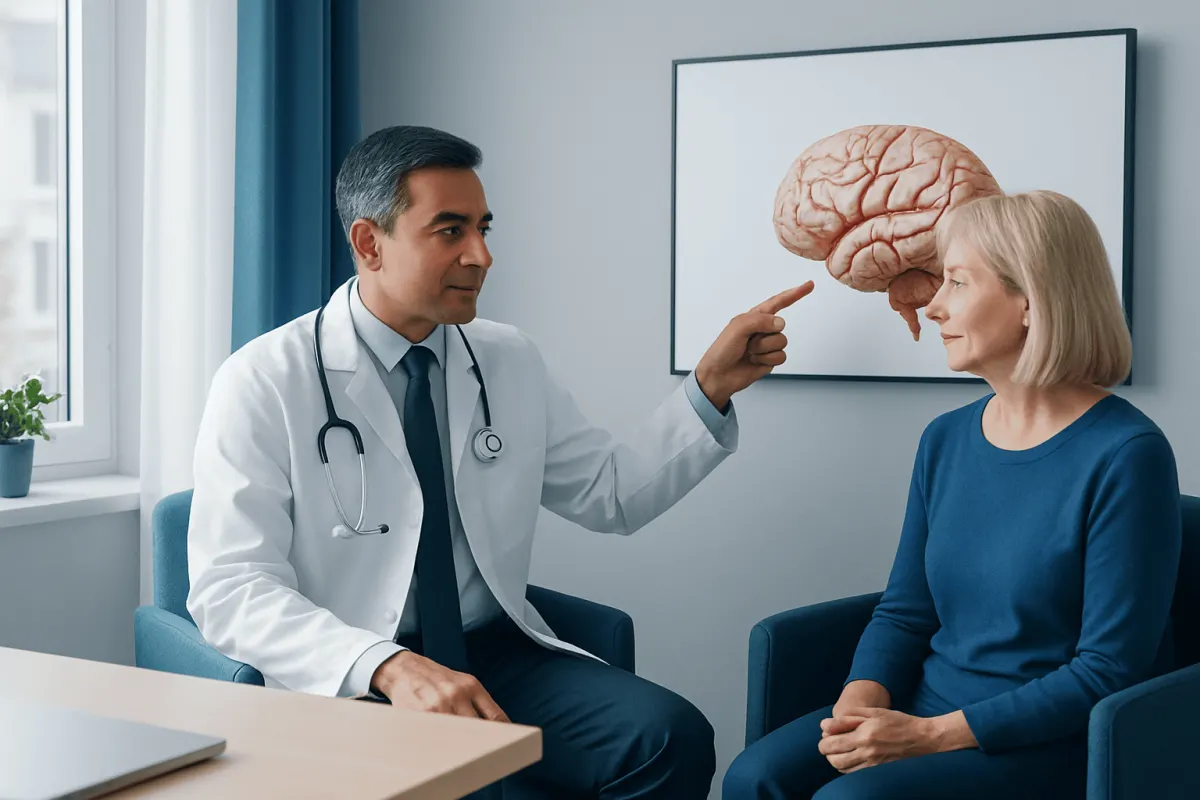Doctor explaining brain anatomy to a patient during consultation.