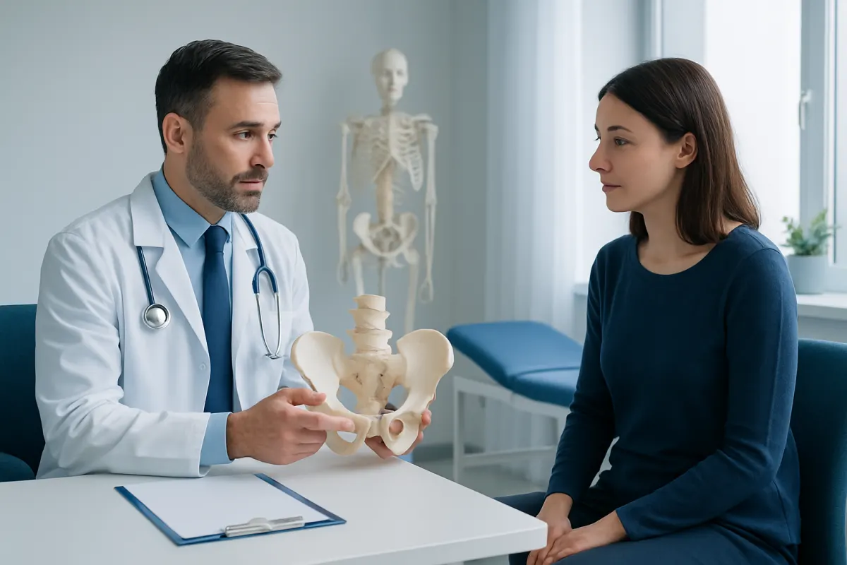 Doctor explaining pelvic anatomy to patient in medical consultation room.